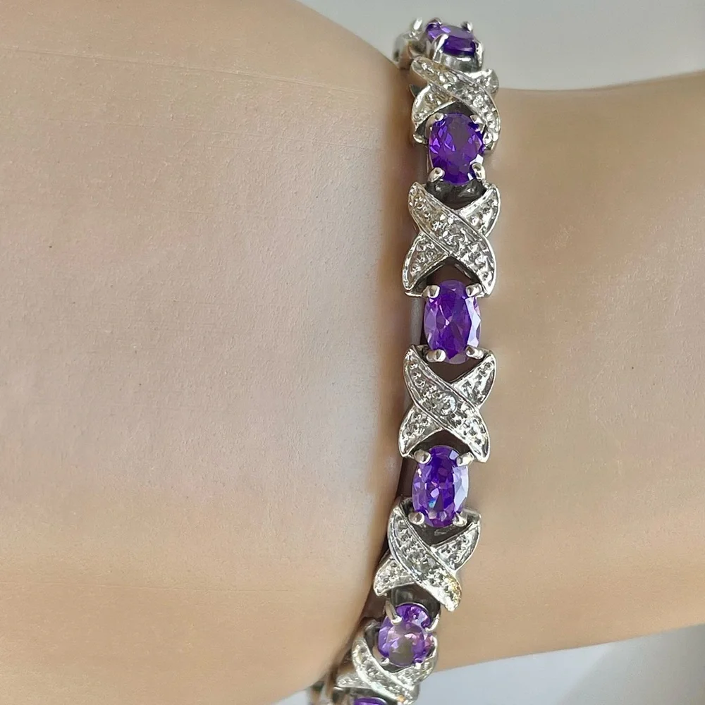 Genuine Amethyst & Silver Bracelet- 7.5” Like New- QVC- Stunning Gemstones! - Picture 15 of 16